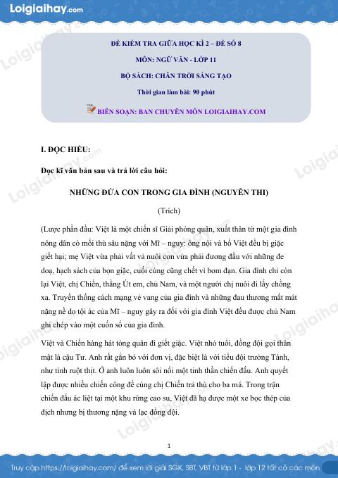 Đề thi giữa kì 2 Văn 11 Chân trời sáng tạo - Đề số 8